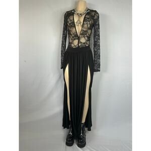 Vintage Goodtime USA Sheer Lace Maxi Dress Double Slit Goth Grunge